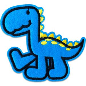 blå dinosaurie går gula prickar - strykbart tygmärke
